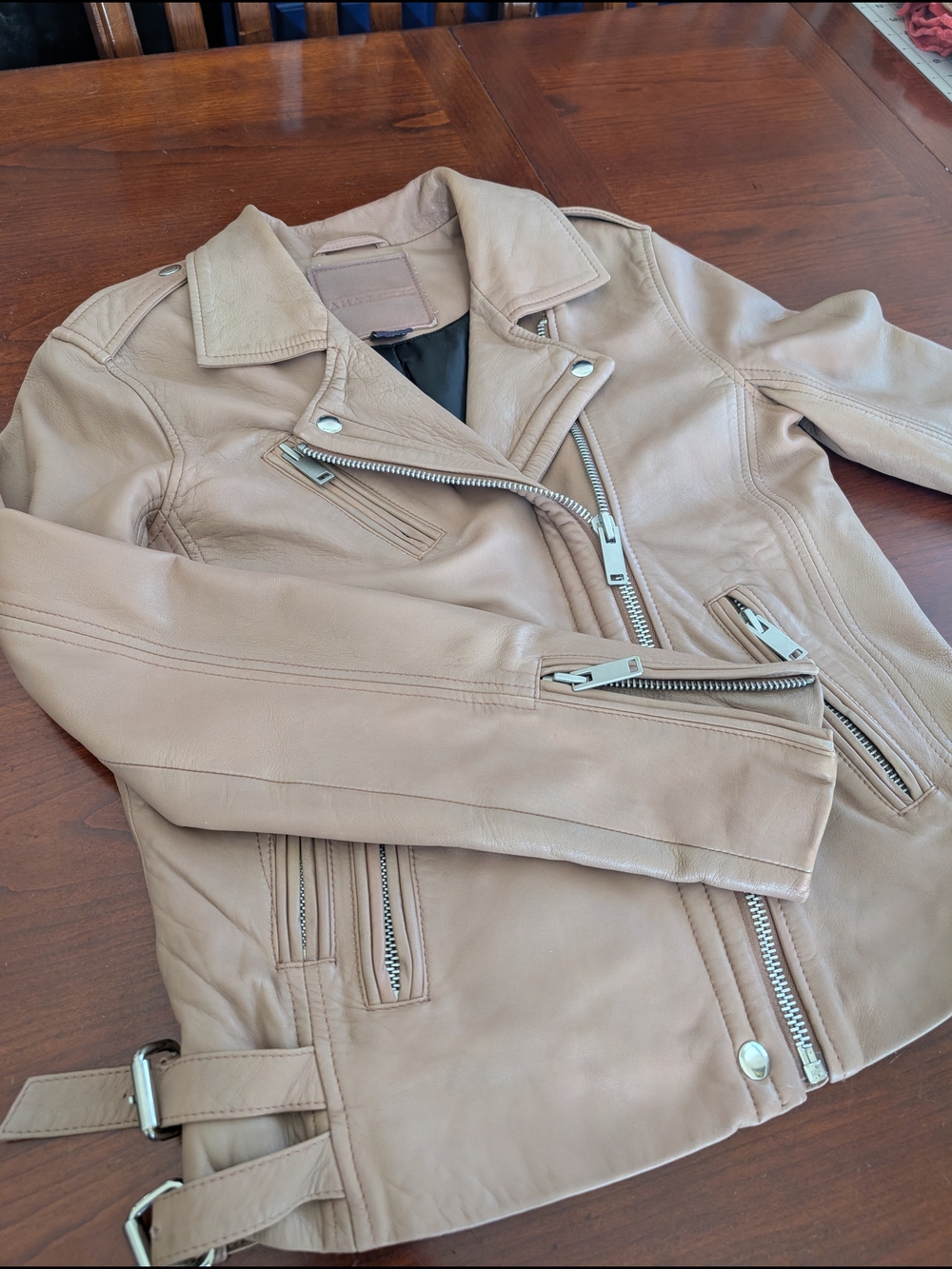 Leather Moto Jacket in Beige - Women